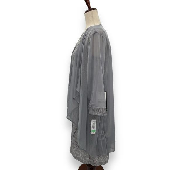 NEW R&M Richards Dress Set Size 8 Gray Cascading 3/4 Sleeve Lace Jacket Cardigan - Picture 11 of 16